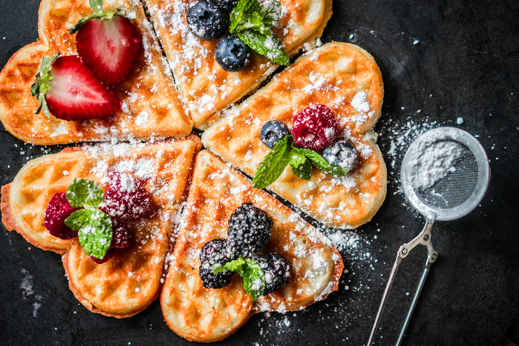 Heart waffles with berries