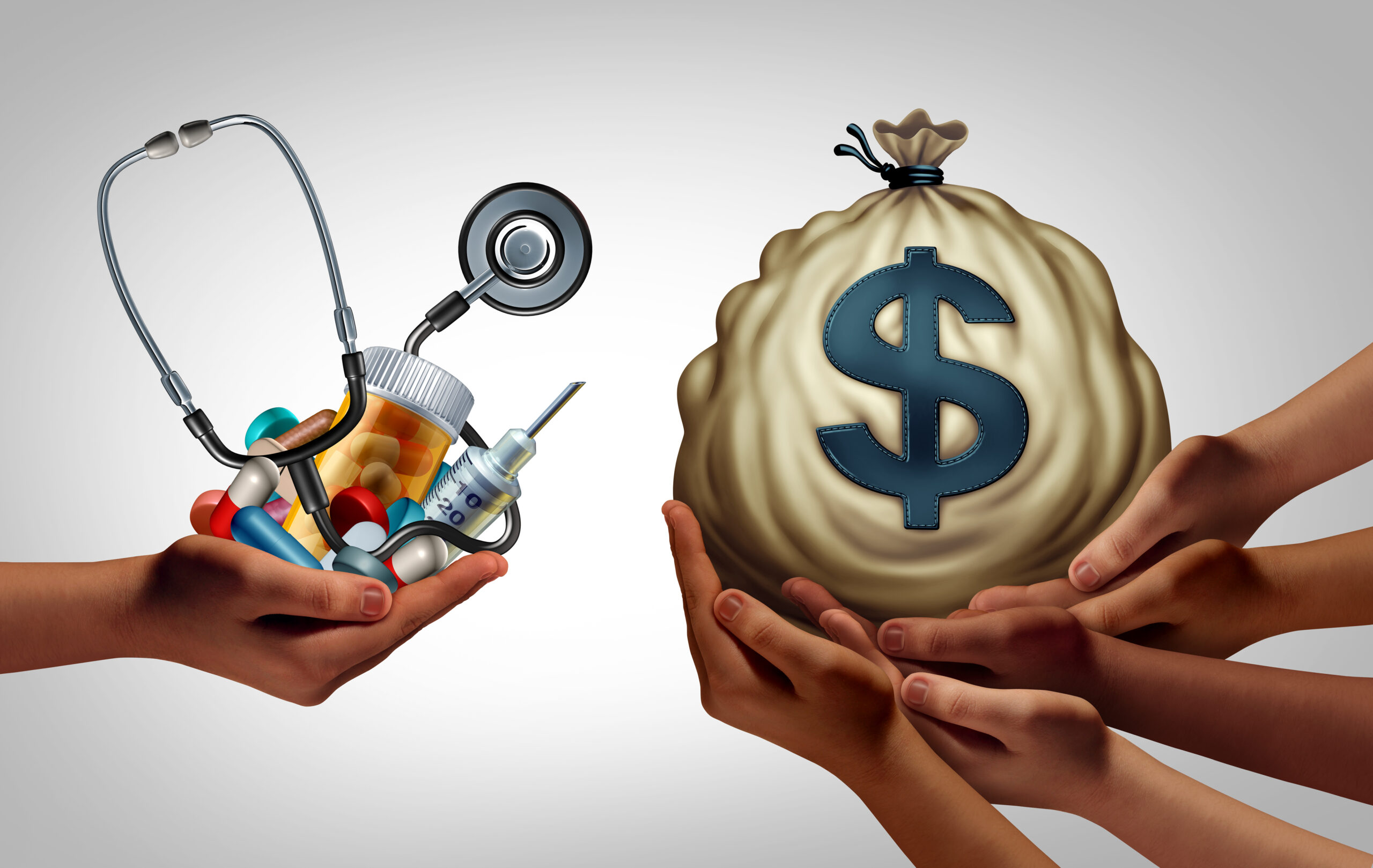 Health care cost and social medicine insurange budget concept as a patient services charges symbol with 3D illustration elements.